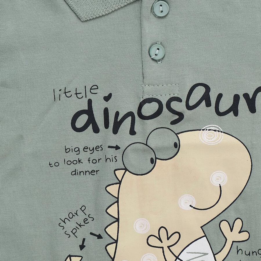 Infants' Green Cotton Polo Neck Dinosaur Printed Baba Suit, Light Green, large