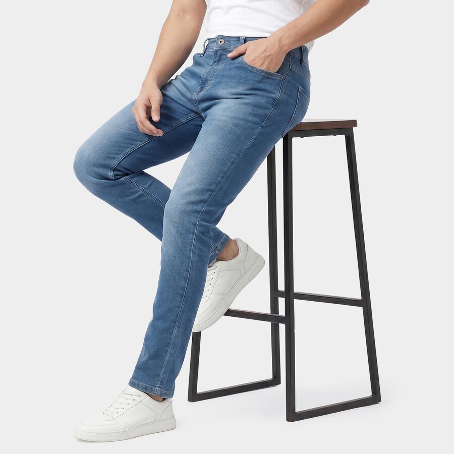 Men's Blue Straight Fit Stretchable Jeans, Mid Blue, large