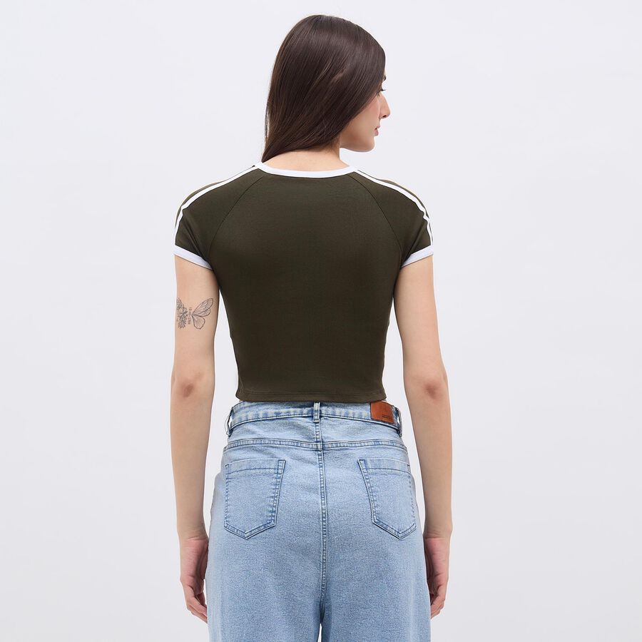 Women's Olive Green Cotton Round Neck Casual T-Shirt, ओलिव, large