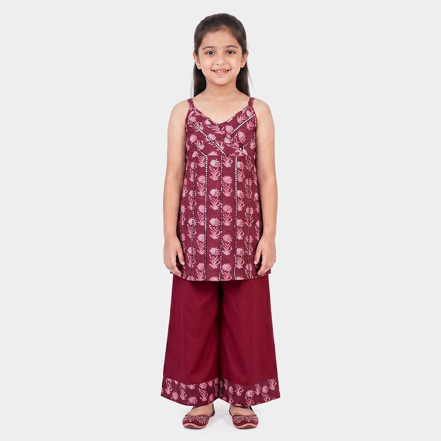 Girls Fuchsia V Neck Fusion Set Upper and Bottom Set, Fuchsia, large