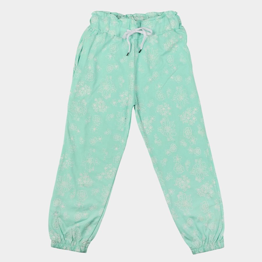 Girls' Mint Green Jogger Floral Printed Pyjama, हल्का हरा, large