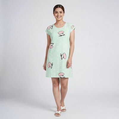 Women's Light Green Round Neck Graphic Print Nighty