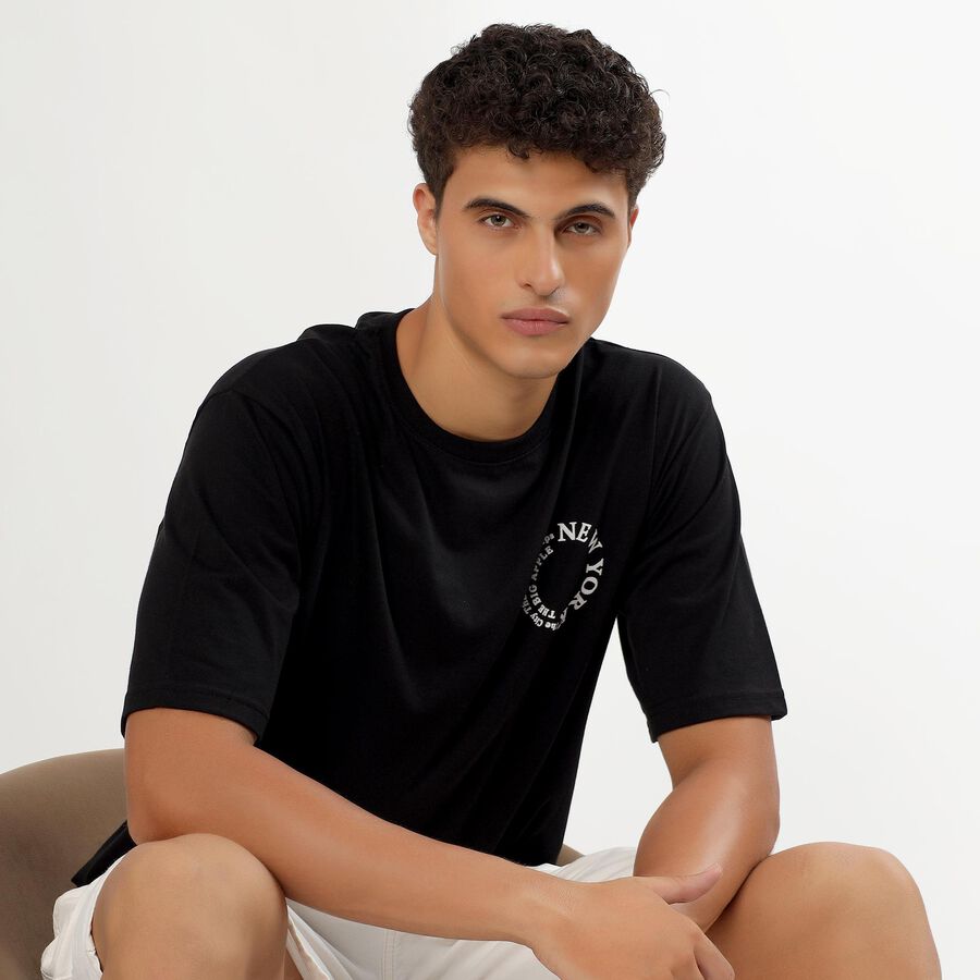 Men's Jet Black Round Neck Graphic Printed T-Shirt, काला, large image number null