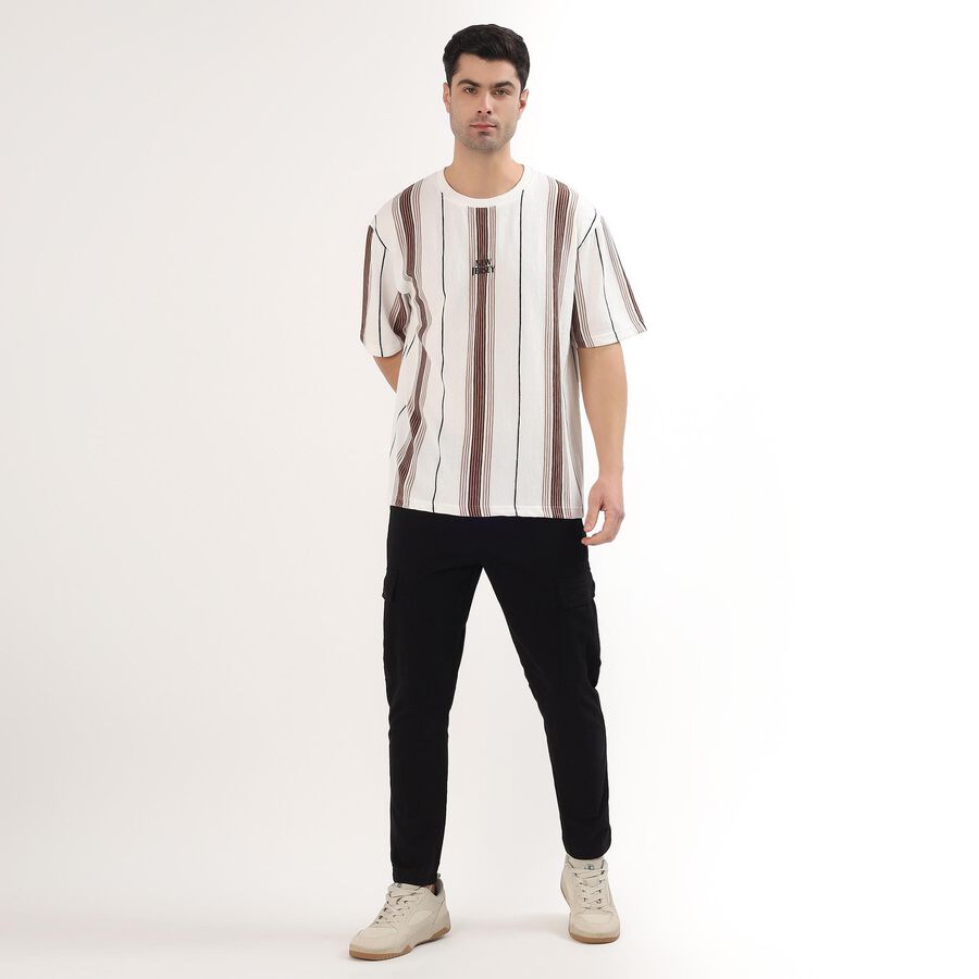 Men's Beige and Brown Round Neck Casual T-Shirt, गहरा पीला, large