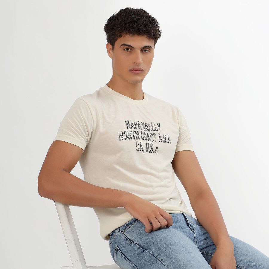 Men's Light Beige Round Neck Printed T-Shirt, Ecru Melange, large image number null