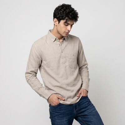 Men's Light Grey Cotton Long Sleeve Collar Shirt