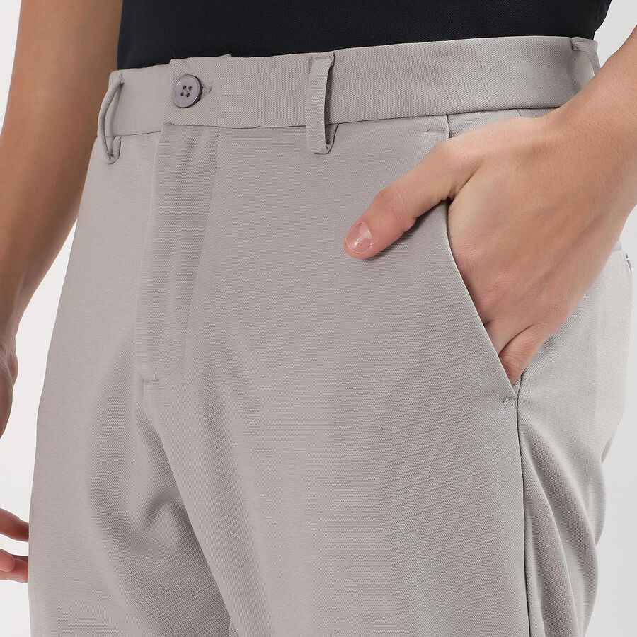 Men's Light Grey Slim Fit Flat-Front Casual Trousers, सिल्वर, large