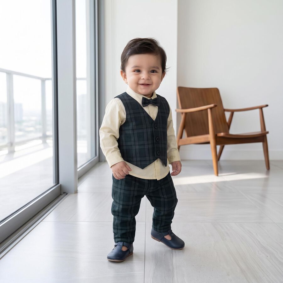 Infants' Navy Blue 100% Cotton Collared Neck Checked Baba Suit, Navy Blue, large