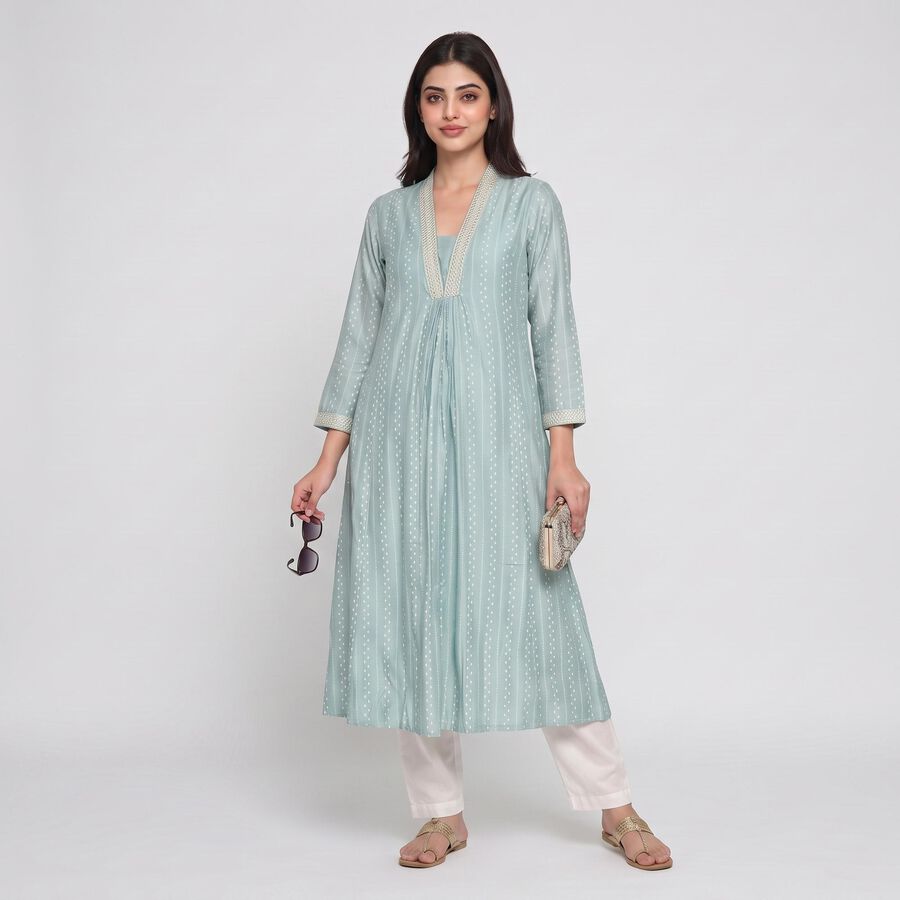Women's Aqua V-Neck Printed Kurta, एक्वा, large