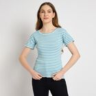 Ladies'  Stripes Round Neck T-Shirt, नीला, small