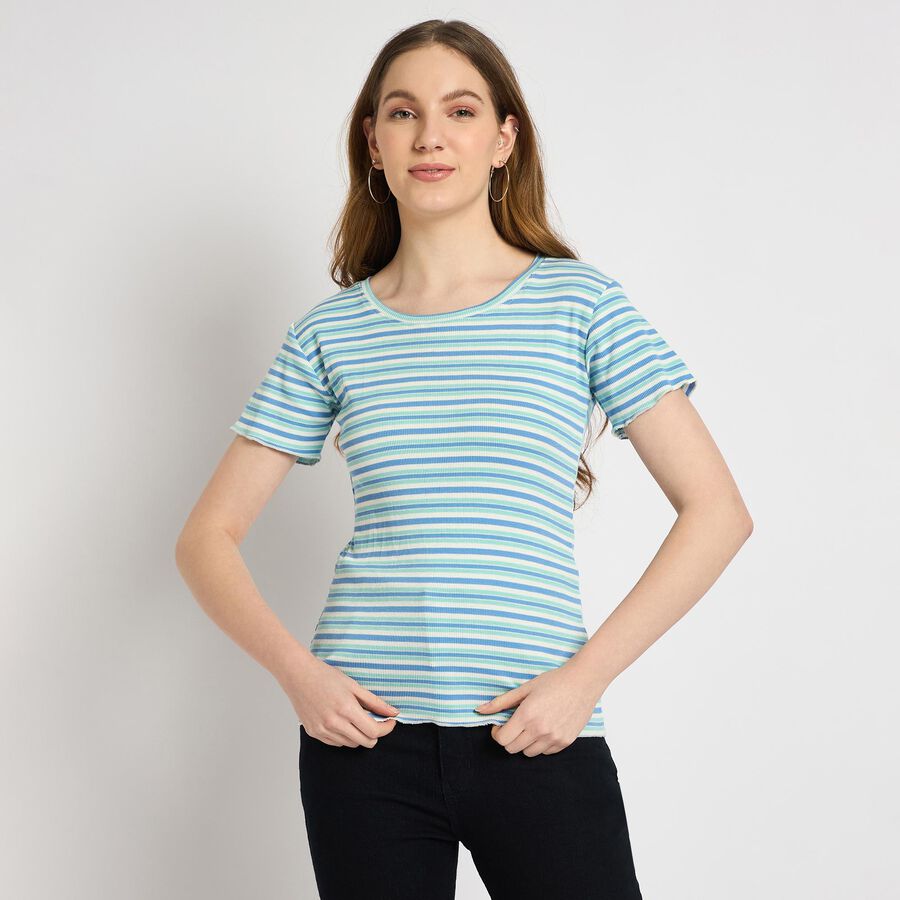 Ladies'  Stripes Round Neck T-Shirt, नीला, large