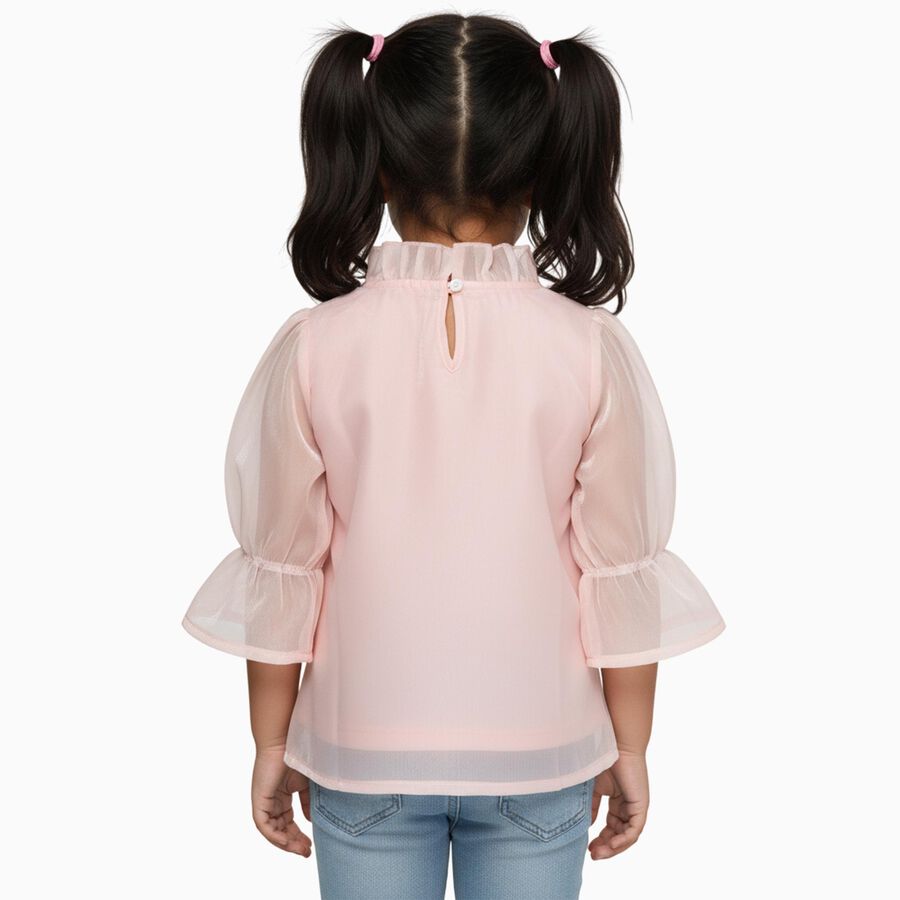 Girls' Pale Peach Ruffled Neck Romantic T-Shirt, Peach, large