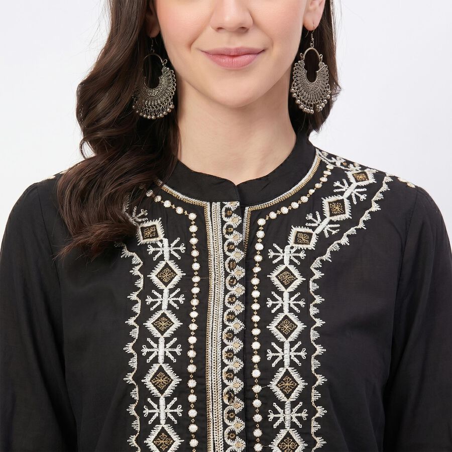 Women's Black Cotton Mandarin Collar Embroidered Kurti, Black, large