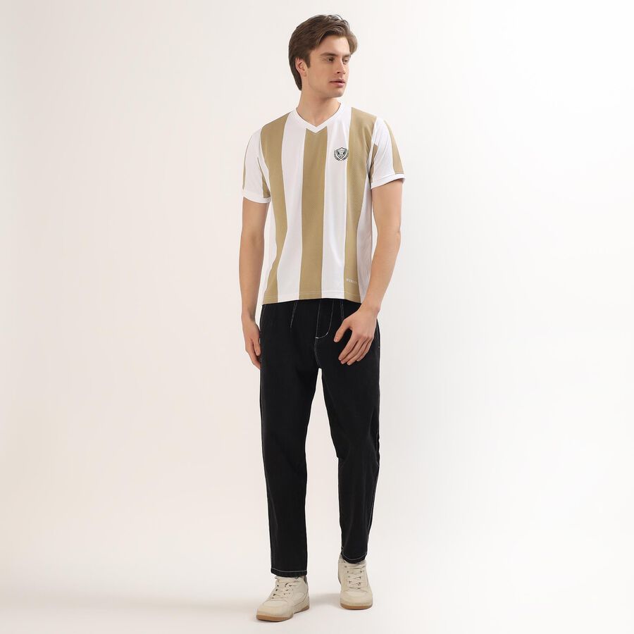 Men's Beige and White V-Neck Striped T-Shirt, Beige, large