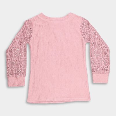 Girls' Soft Pink Round Neck Floral Lace Sleeve Textured Top