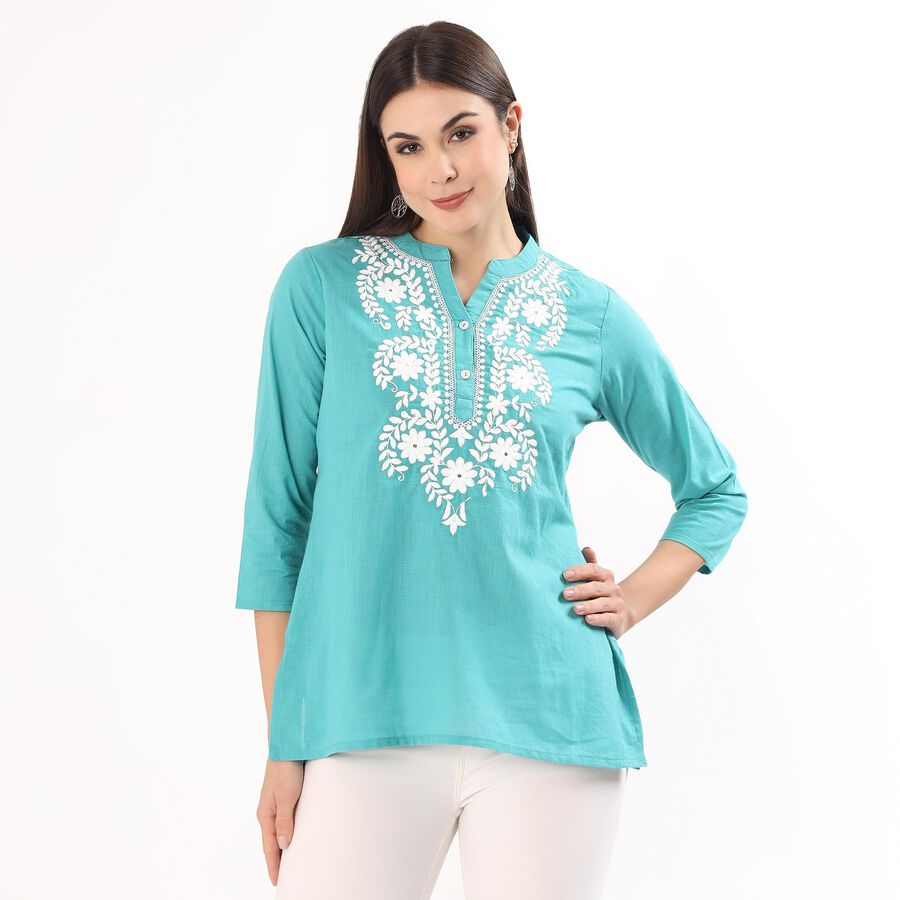 Women's Light Blue Cotton Round Neck Straight Kurti, Light Blue, large