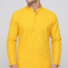 Men's Yellow Mandarin Collar Embroidered Kurta Set, पीला, small
