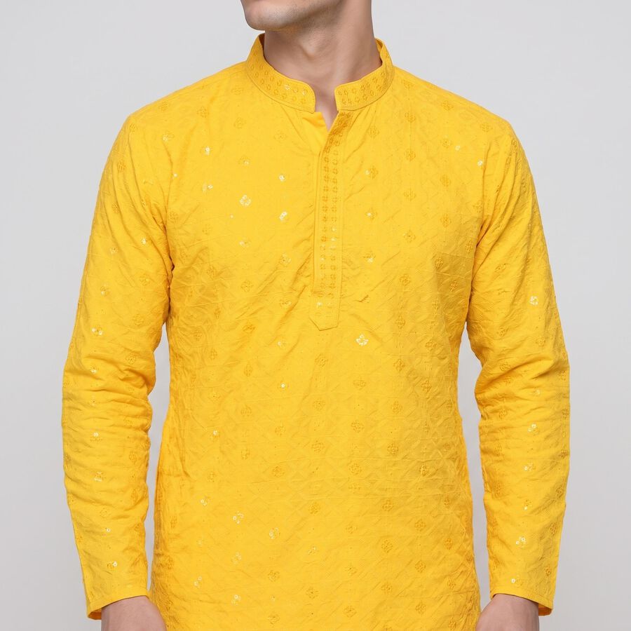 Men's Yellow Mandarin Collar Embroidered Kurta Set, पीला, large