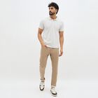 Men's Muted Beige Slim Fit Flat-Front Casual Trousers, खाकी, small image number null