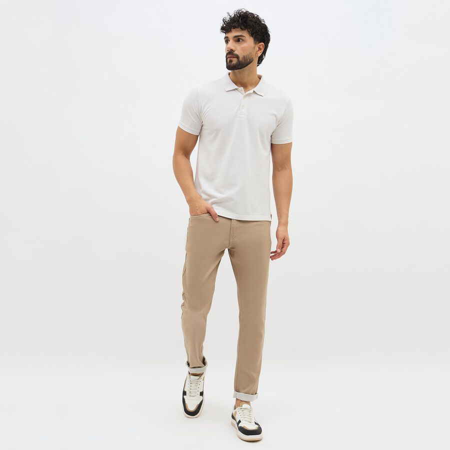 Men's Muted Beige Slim Fit Flat-Front Casual Trousers, खाकी, large image number null
