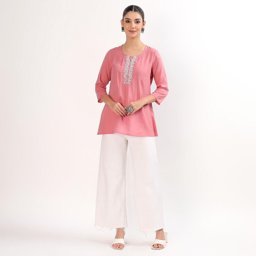 Women's Muted Dusty Pink Keyhole Neck Embroidered Kurti, Purple, large