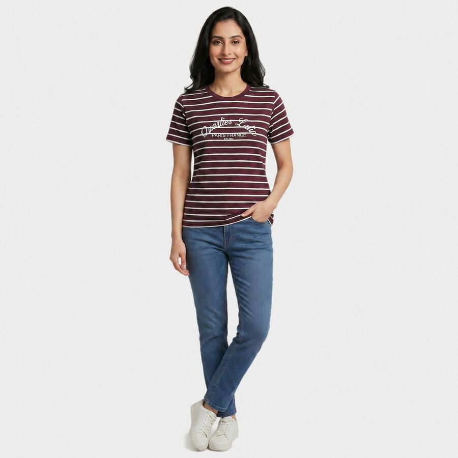 Women's Purple Round Neck Regular T-Shirt, बैंगनी, large