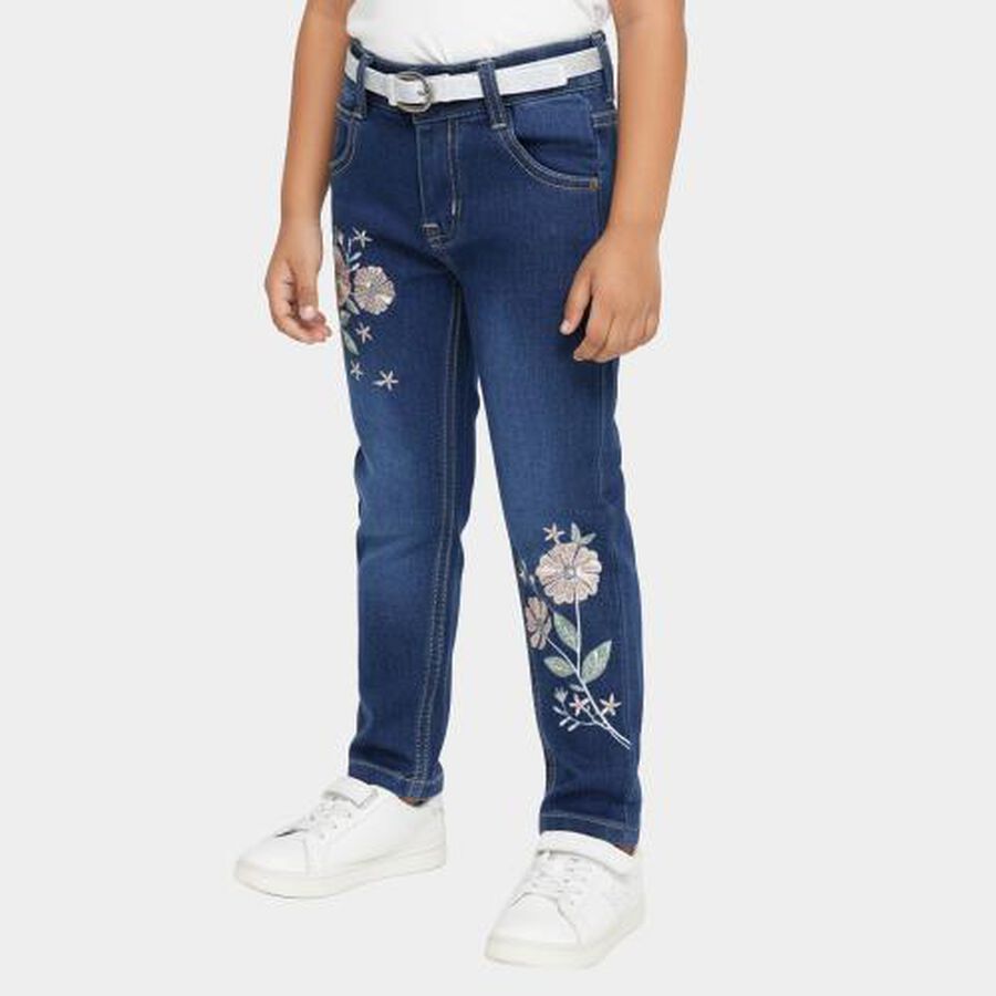 Girls' Deep Indigo Slim Fit Embroidered Jeans, गहरा नीला, large image number null