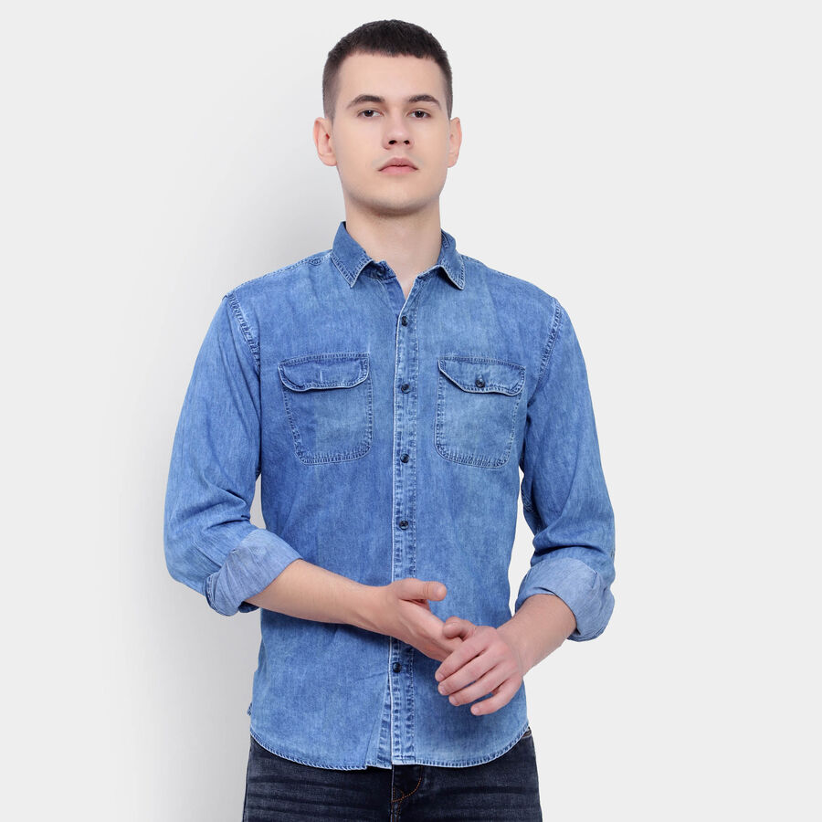 100% Cotton Solid Casual Shirt, Mid Blue, large image number null