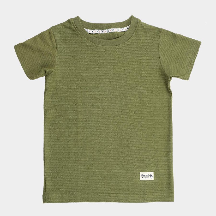 Boys Muted Olive Green Crew Neck Casual T-Shirt, ओलिव, large image number null