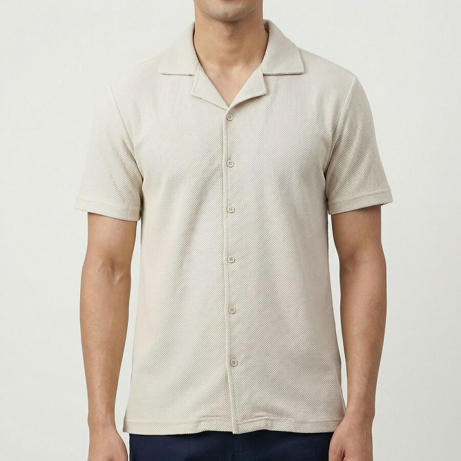 Men's Beige Classic Collar Casual Shirt, Beige, large