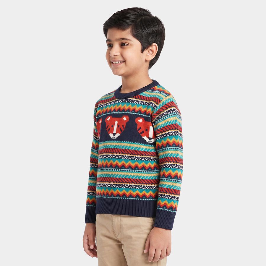 Boys' Navy Blue Crew Neck Printed Pullover, नेवी ब्लू, large