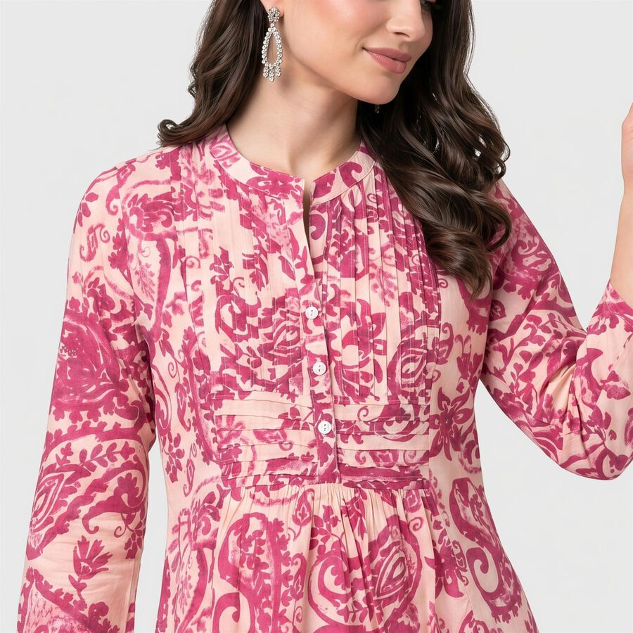 Women's Pink Band Collar Printed Kurti, हल्का गुलाबी, large