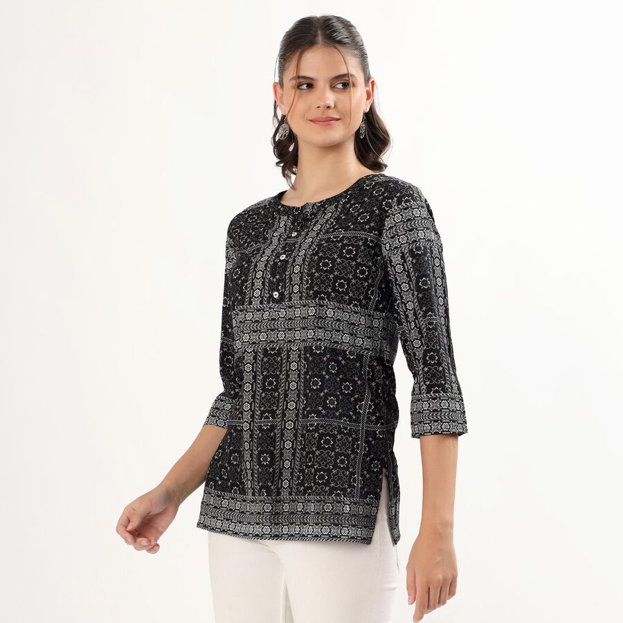 Women's Jet Black Round Neck Printed Kurti, Black, large image number null