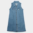 Girls' Light Blue Shift Zip Front Denim Look Frock, मध्यम नीला, small