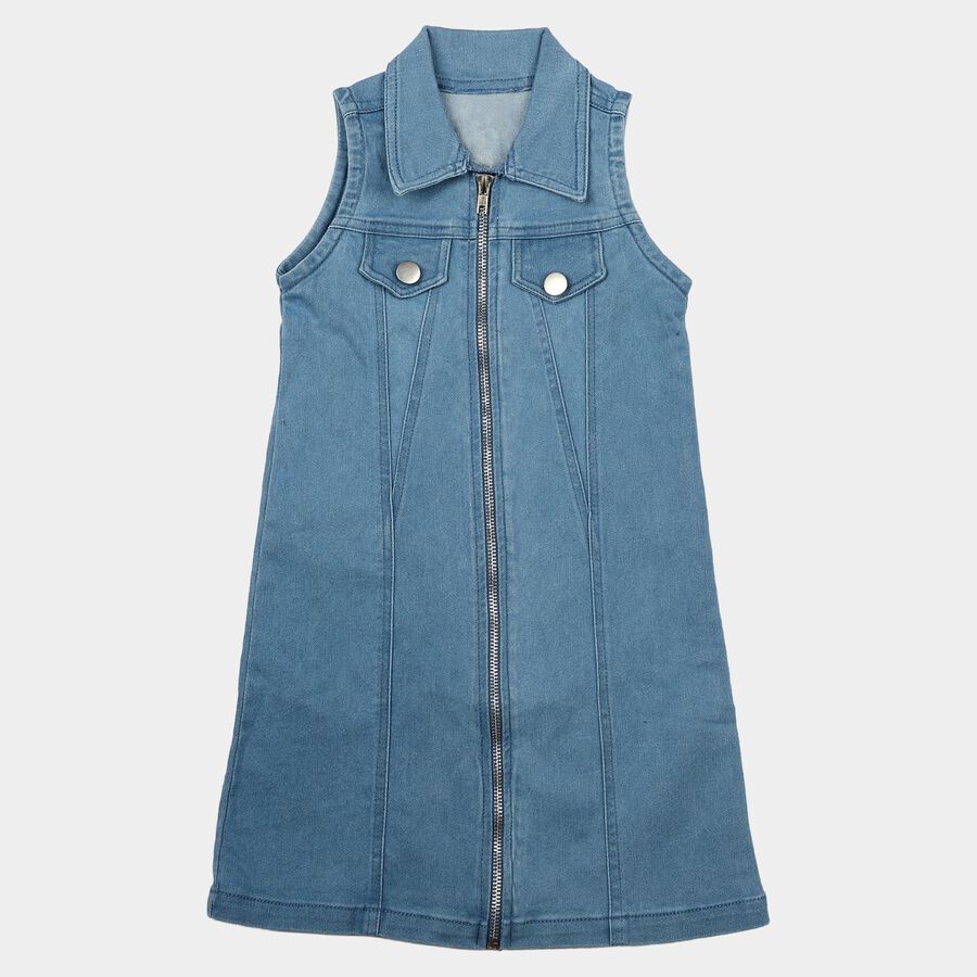 Girls' Light Blue Shift Zip Front Denim Look Frock, मध्यम नीला, large