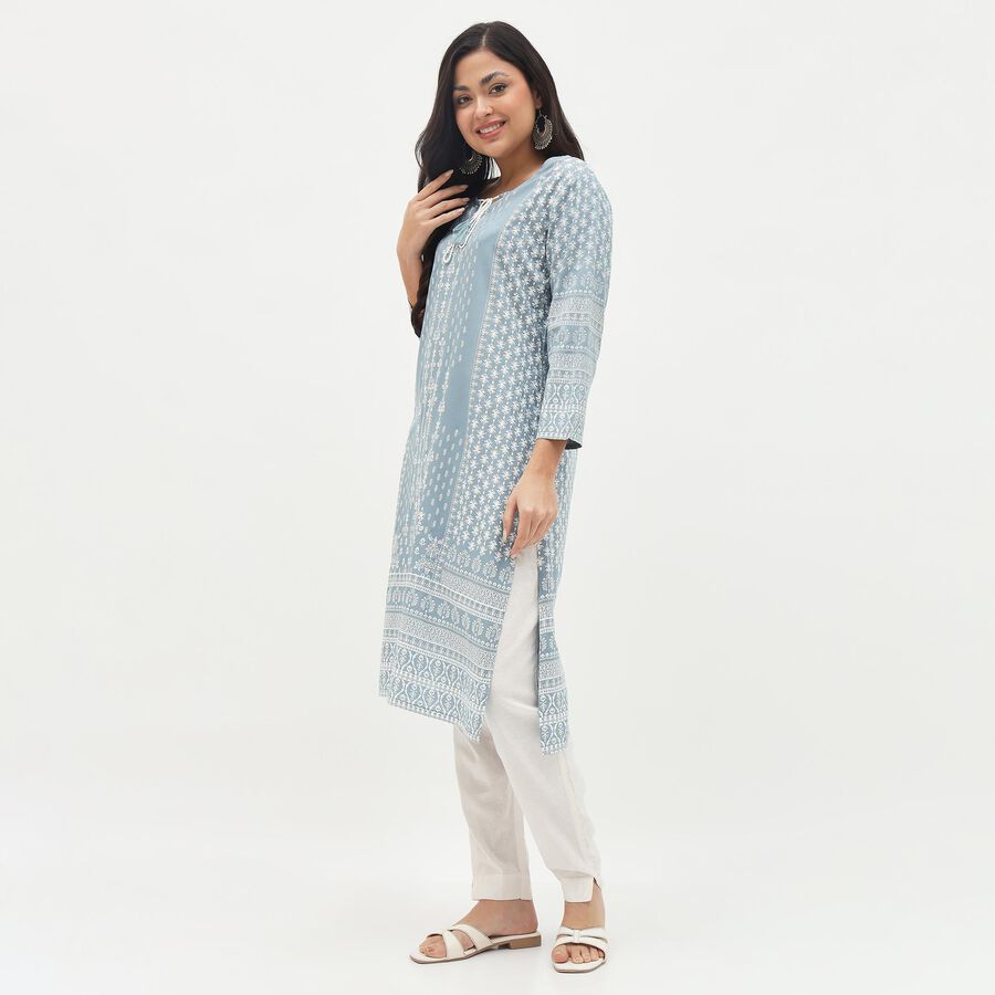 Women's Light Dusty Blue Tie-Up Neck Floral Printed Kurta, Light Grey, large