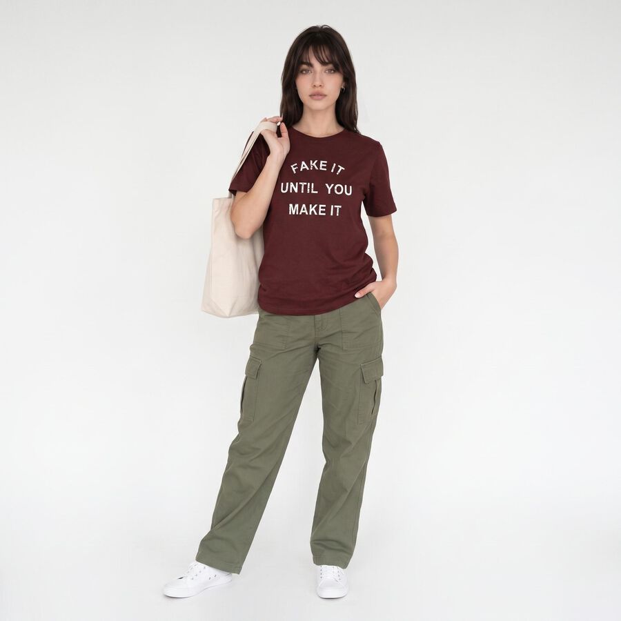 Women Wine Round Neck Regular T-Shirt, Wine, large