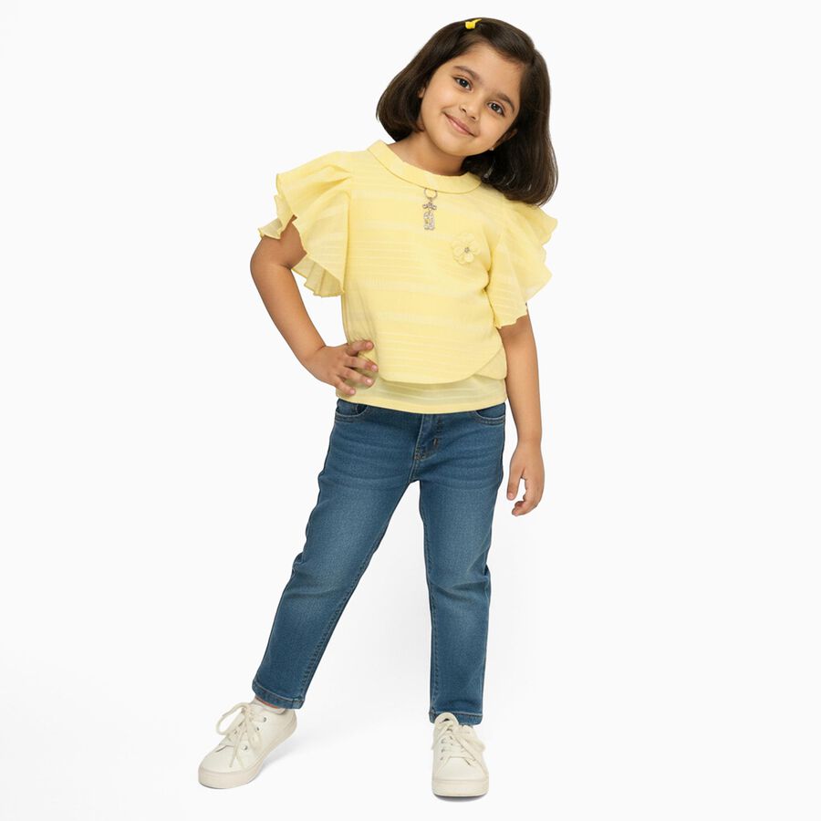 Girls Bright Yellow Round Neck Casual T-Shirt, Yellow, large image number null