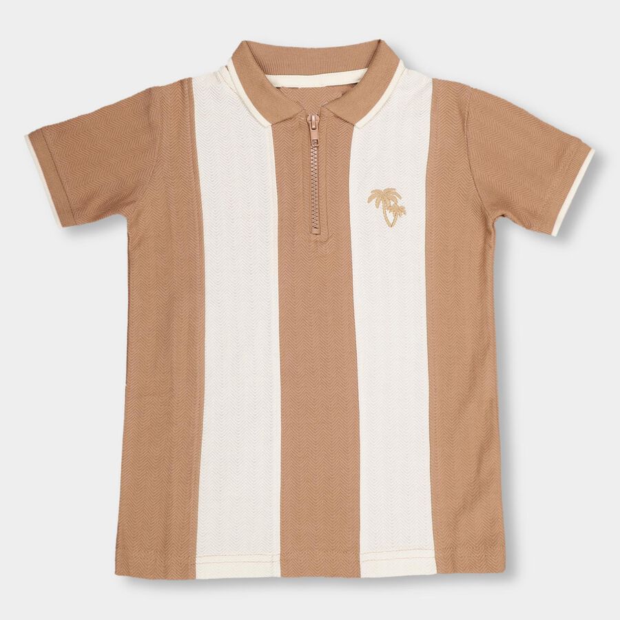 Boys Beige Cotton Polo Neck Casual T-Shirt, Brown, large