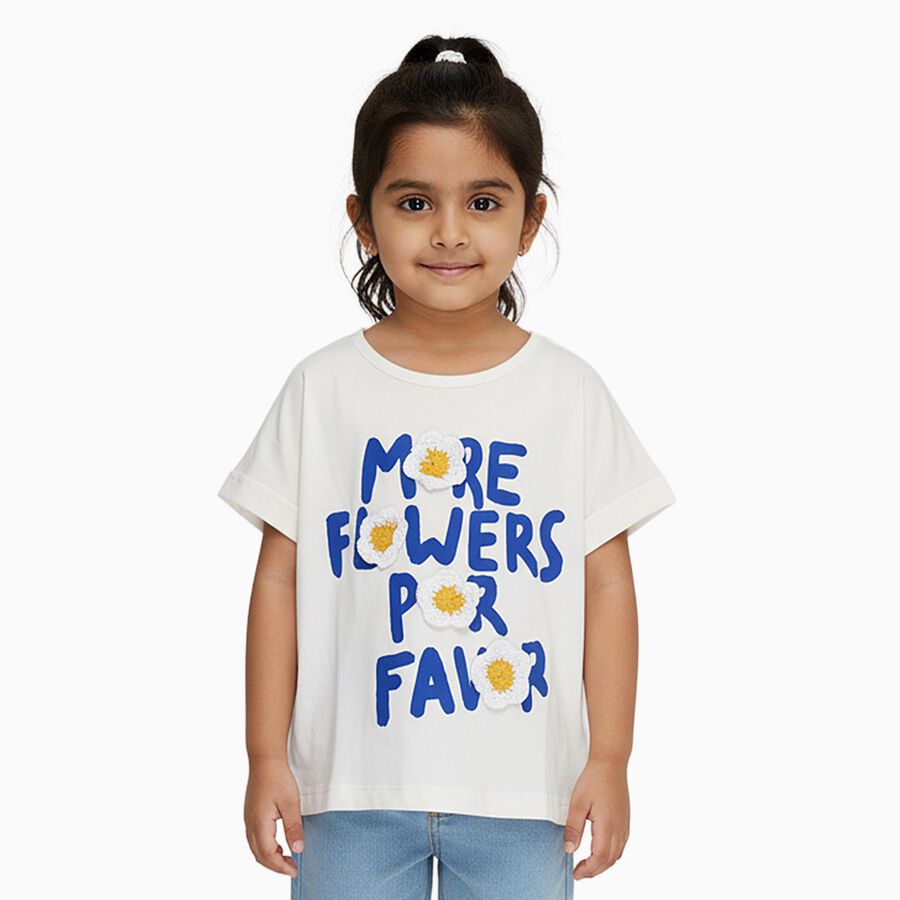 Girls' White Cotton Round Neck Casual T-Shirt, सफ़ेद, large image number null
