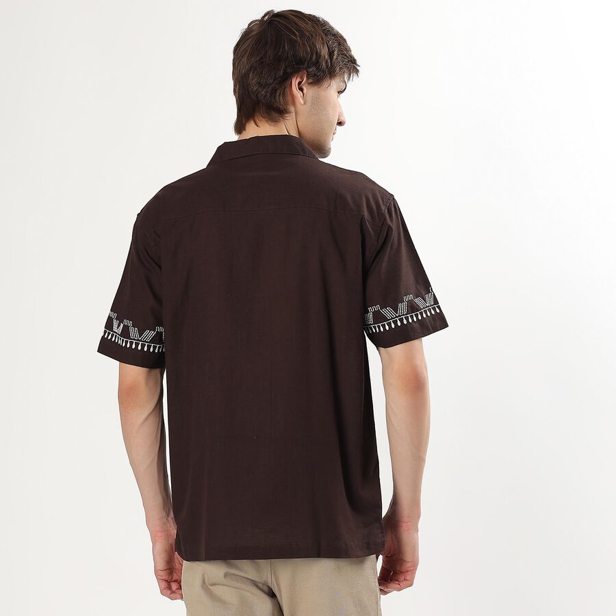 Men's Deep Brown Cotton Cuban Collar Casual Shirt, Brown, large