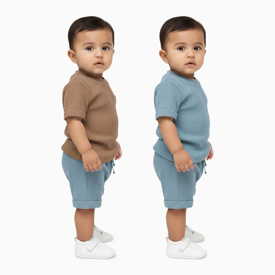 Infants' Brown and Blue Cotton Round Neck Waffle Knit Baba Suit, टील ब्लू, large