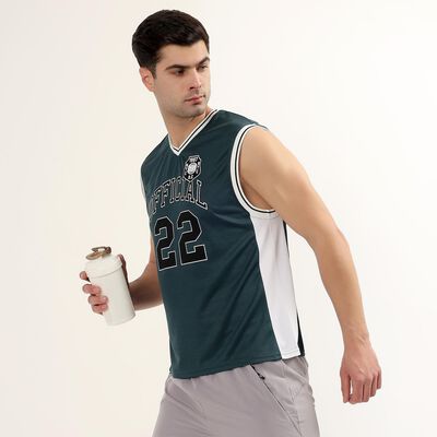 Men's Dark Forest Green V-Neck Athleisure Sleeveless T-Shirt