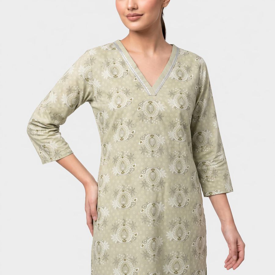 Women's Sage Green V-Neck Printed Kurta, हल्का हरा, large
