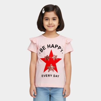 Girls' Light Pink Cotton Round Neck Casual T-Shirt