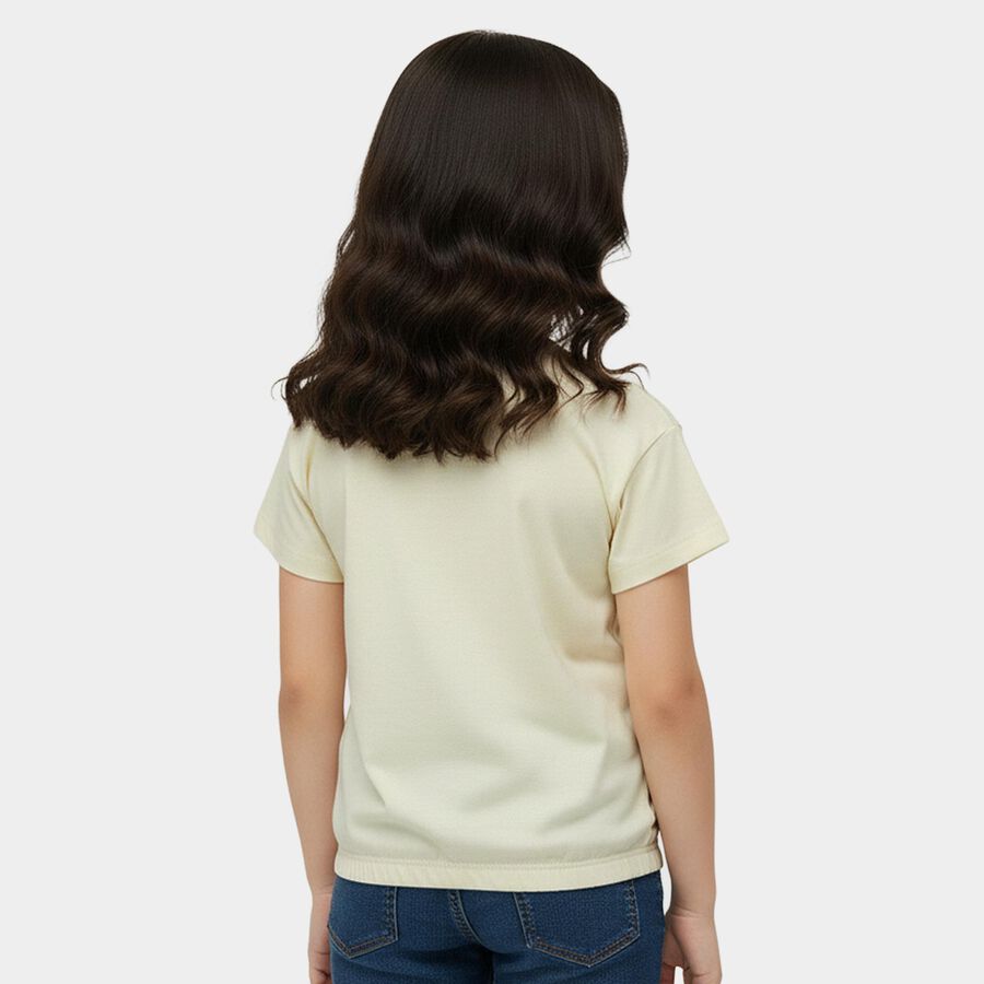 Girls Yellow Cotton Round Neck Casual T-Shirt, पीला, large