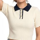 Women's Off White Cotton Polo Neck Crop Top, ऑफ व्हाइट, small