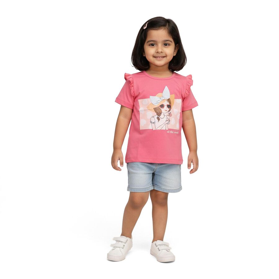 Girls Bright Pink Cotton Round Neck Casual T-Shirt, गुलाबी, large