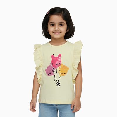 Girls Light Yellow Cotton Round Neck Casual T-Shirt