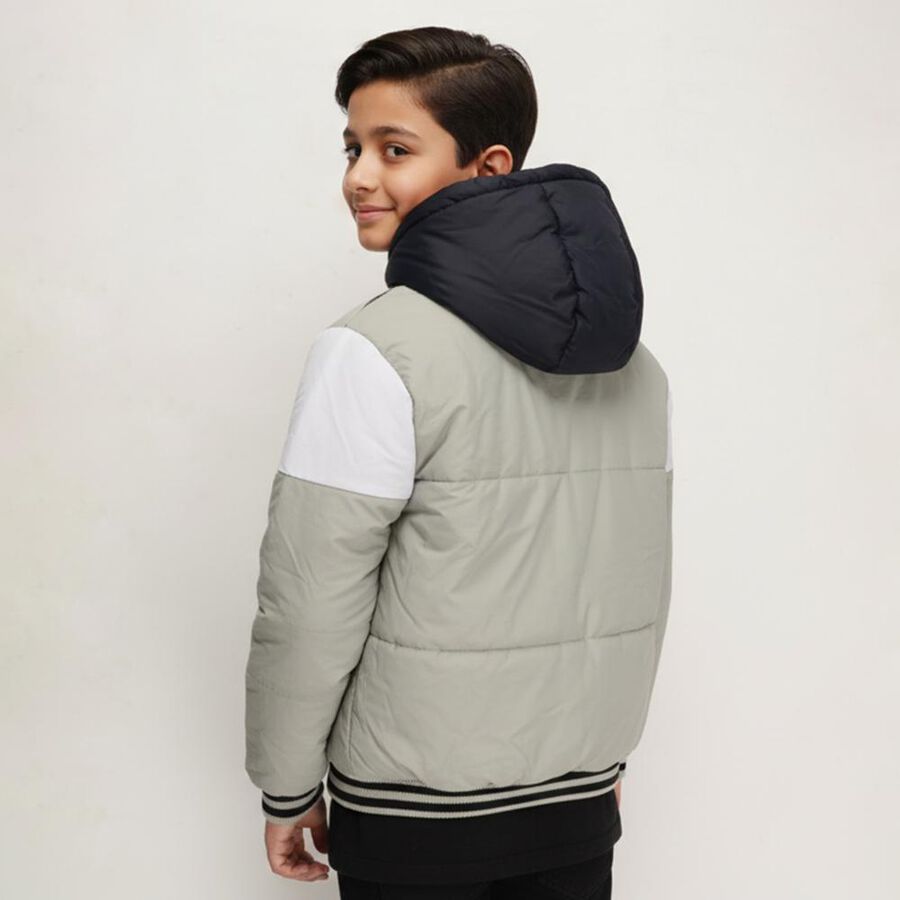 Boys Light Sage Green and Navy Hooded Puffer Jacket, हल्का हरा, large image number null